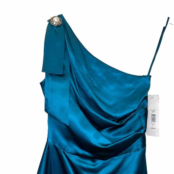 BADGLEY MISCHKA dress silk formal one shoulder SC0096 Grecian mini teal green 2 - Picture 2 of 13